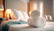Rolled Clean Fresh Cotton White Towels Indoors In A Hotel. Generative AI,