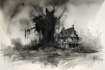 Sticker - Scary horror mystical house in black and white colors