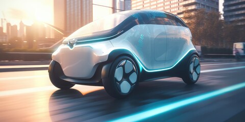 Poster - Futuristic electric car driving on urban highway road. distinct generative AI image.