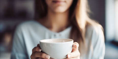  Close up of woman drinking coffee at home