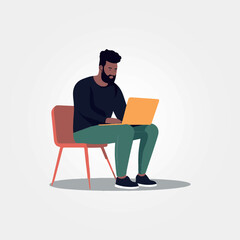 Sticker - handsome man sitting working on his laptop, vector illustration