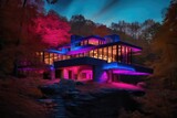 Fototapeta Do pokoju - contemporary house with huge windows and ultra pink backlighting in hi-tech style