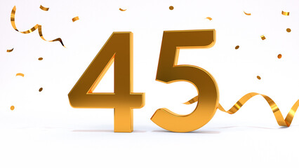 Wall Mural - Happy 45 birthday party celebration. Gold numbers with glitter gold confetti, serpentine. Festive background. Decoration for party event. One year jubilee celebration. 3d render illustration.