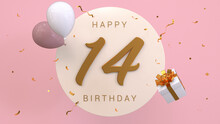 Elegant Greeting Celebration 14 Years Birthday. Happy Birthday, Congratulations Poster. Golden Numbers With Sparkling Golden Confetti And Balloons. 3d Render Illustration.
