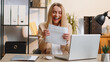 © Andrii Iemelianenko - Young business woman open envelope letter, reading it. Career growth advance promotion, bank loan approve, successful admission to monetary award, long-awaited invitation, great news, lottery game win