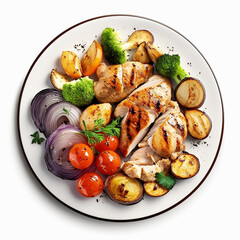 Wall Mural - Grilled chicken with vegetables on a plate isolate on a white background. Generative AI,