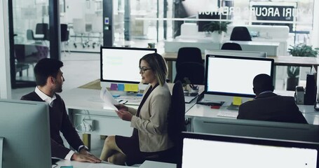 Aufkleber - Consulting, documents or business people in office for collaboration, strategy review or planning schedule agenda. Teamwork, computer or man and woman data analysis, company growth or research idea