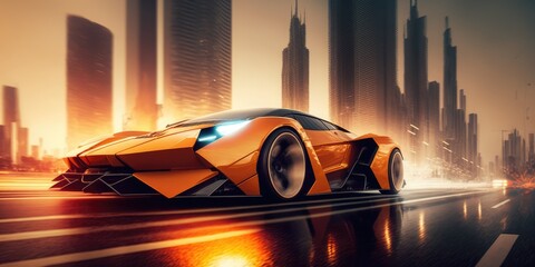 Poster - Elegant luxury super sports car future design driving on modern city highway Generative AI