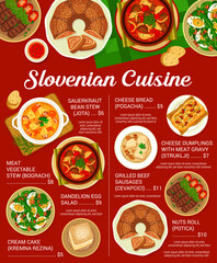 Sticker - Slovenian cuisine restaurant menu page. Grilled beef sausages Cevapcici, stew Ota and bread Pogacha, dandelion egg salad, meat stew Bograch and nuts roll Potica, dumplings Struklji, cake Kremna Rezina