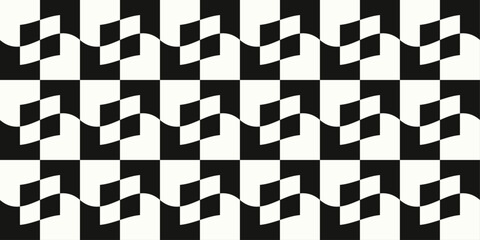 Poster - Checkered pattern black and white. Vector chess pattern is seamless and slightly wavy. Looks like a racing flag, seamless pattern.