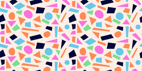 Fototapete - Colored casual geometric shapes. Multicolored pattern with circles, rectangles, and triangles.
