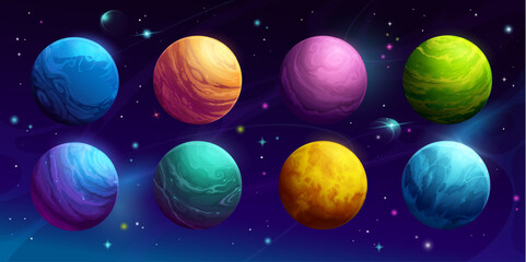 Poster - Cartoon space planets in galaxy sky or fantasy alien worlds, vector background. Outer space extraterrestrial planets or fantastic earth with lava or ice craters in starry sky with asteroids and comets