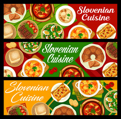 Sticker - Slovenian cuisine food banners. Sauerkraut bean stew Ota, meat vegetable stew Bograch and grilled sausages Cevapcici, Kremna Rezina, bread Pogacha and dumplings, nuts roll Potica, dandelion egg salad