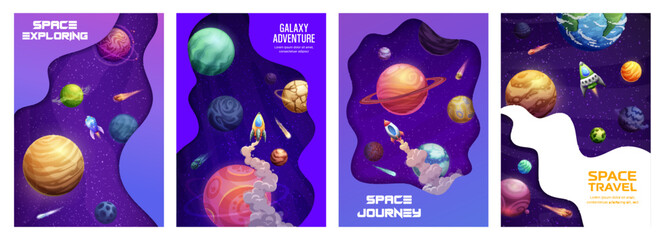 Poster - Space landing page. Starry galaxy, planets and rocket spaceship. Company landing page layout, startup launch site vector template or project posters with cartoon rockets in outerspace, planets
