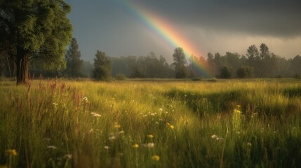 Capturing the Beauty of Nature: A Colorful Meadow with a Rainbow, Courtesy of the Sony Alpha a9 II and FE 100-400mm f 4 5-5 6 GM OSS Lens, Generative AI