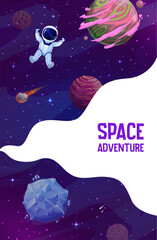 Poster - Space landing page. Cartoon astronaut in outer space vector template of business company website or space adventure web page. Fantasy galaxy with color planets, stars, fire and rocky asteroids
