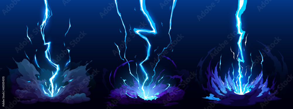 Cartoon blue lightning thunder and storm thunderbolt strike, vector thunderstorm bolts. Cartoon electric flash effects and lightning sparks background with energy charge or anime magic blast explosion