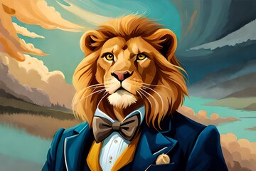 Wall Mural - Portrait of Brutal lion as a businessman or king, Generative AI