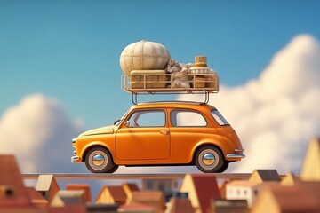 Wall Mural - Moving house in retro yellow car, generative ai