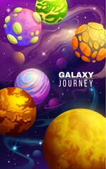Poster - Space planets in galaxy universe on cartoon poster background, vector starry sky nebula. Alien space exploration and galactic journey or fiction science poster with fantasy galaxy planets in sky