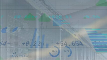 Poster - Animation of statistical data processing and arrow icons moving upwards against computer server room