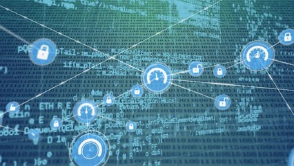 Animation of network of digital icons and data processing over binary coding on black background