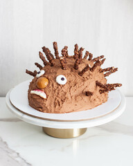 Funny ugly hedgehog cake for children's birthday made of chocolate and sweets