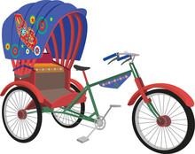 Colorful Rickshaw Vector Illustration. Bangladeshi Rickshaw Art. Tri Cycle Of Dhaka City. Local Vehicle.