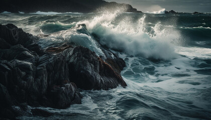 Poster - Sunset over rough seas, waves crashing fiercely generated by AI