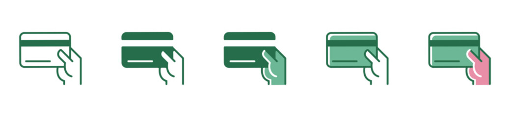 Poster - Collection of payment icons with hand holding debit or credit card outline vector design