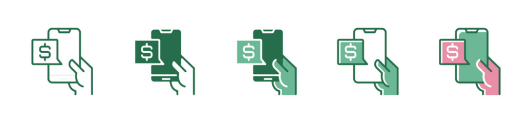 Poster - Hand holding a smartphone with earning income notification icon for wallet, saving money, payment, buying, credit, transfer, or online business symbol vector illustration