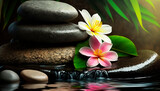 Fototapeta Sypialnia - Zen stones and bamboo on the water lined with spa pebbles and plumeria flowers. Generative AI,