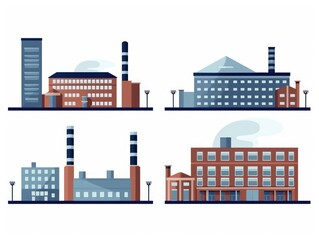 factories, industrial enterprises Collection in cartoon style illustration. set isolated on white background. generative ai