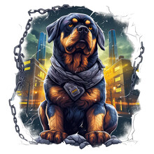 A Dramatic T-shirt Design Featuring A Rottweiler Police Dog In A Heroic Pose, Standing Against A Backdrop Of Lightning And Storm Clouds, Generative Ai