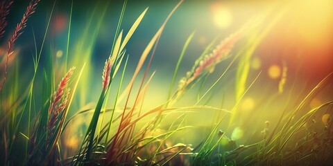 Fototapete - Background of blooming springtime flowers. nature's grass up up and personal in a field. picture with free copy space and beautiful coloring Generative AI