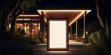 Generic Outdoor Night Shot Of Luxury Resort Or Hotel Like Reception And Fine Dining Restaurant With Blank Empty Signboard Mockup - Generative AI