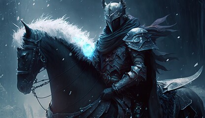 Wall Mural - Illustration of a sword-wielding, armored, winter-themed fantasy knight on a black backdrop. Generative AI