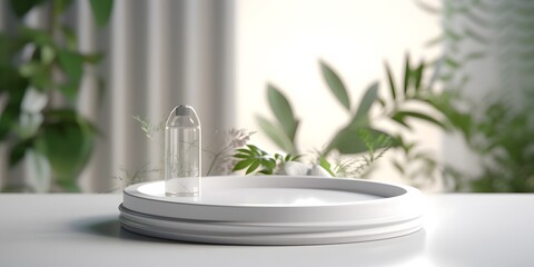 Smooth round white tray podium in sunlight on white table countertop, wall for nature luxury hygiene organic cosmetic, skincare, beauty treatment, food, drink product background 3D