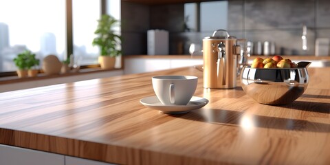 Wooden table top on blur kitchen room background,Modern Contemporary kitchen room interior