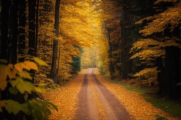 Poster - Road winds through enchanted woods and down a dirt path among the autumn trees. Generative AI