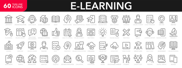 E-learning line icons set. Online education and distance learning. Online test, e-book, feedback, library, educational website, meeting, teacher - stock vector.