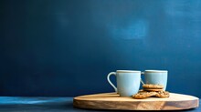 Butter Cookies With Cup Of Coffee On Wooden Table On Blue Background. Generative Ai
