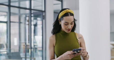 Wall Mural - Office, walking and business woman with phone in lobby of workplace or company. Female professional, walk and person with cellphone call, entrepreneur or employee in hallway, stairs or corridor.