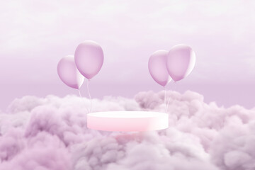 Wall Mural - Abstact 3d render pedestal background, Balloons are raising the pink podium above the cloud, backdrop pink sky and clouds for product display advertising, cosmetic, etc