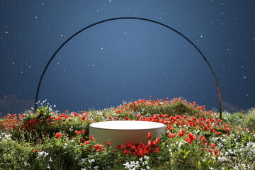 Wall Mural - Abstact 3d render Natural background, Stone podium on the colorful flowers and grass field, backdrop glass arch, night sky and star for product display, advertising, cosmetic or etc