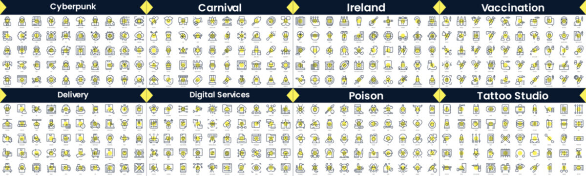 Linear Style Icons Pack. In this bundle include cyberpunk, carnival, ireland, vaccination, delivery, digital services, poison, tattoo studio