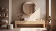 © TANATPON - Minimal interior design bathroom with beige cozy tone style, decorate with wooden decor, bathtub, sink, towels, and brown tone background, empty wall for mock up and banner, with Generative Ai.