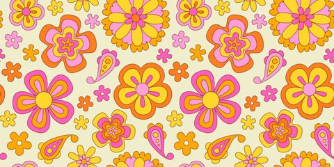 Wall Mural - Vintage flower seamless pattern illustration. Retro psychedelic floral background art design. Groovy colorful spring texture, hippie seventies nature backdrop print with repeating daisy flowers.