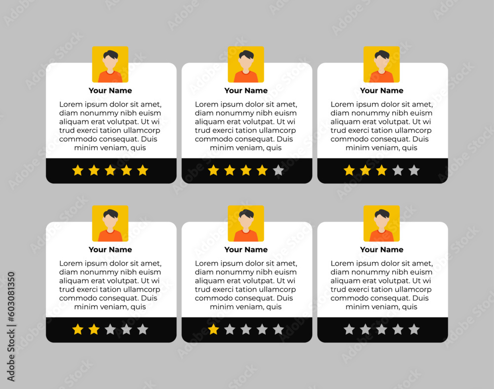 User feedback. Customer star review rating card with message person ...