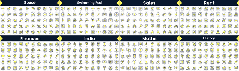 Linear Style Icons Pack. In this bundle include space, swimming pool, sales, rent, finances, india, maths, history